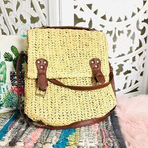EUC Vintage Boho Belt Buckle Straw Backpack Bag